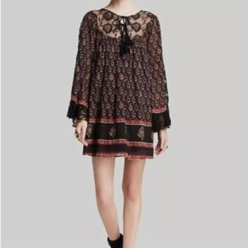 Free People Nomad Child Lace a floral Tunic Dress Black Red Size XS